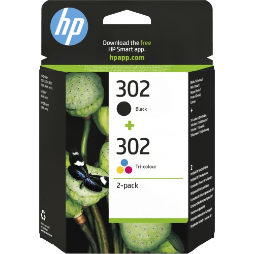 HP 302 2-pack Black/Tri-colour Original Ink Cartridges blekkpatron 2 stykker Standard utskriftsproduksjon Sort, Cyan, Fiolblå, Gult