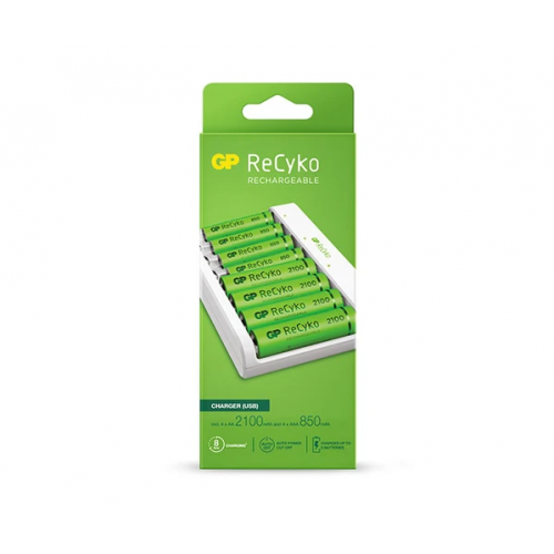 GP Batteries ReCyko E811 USB Economy Charger, med 4 x AA 2100 mAh og 4 x AAA 850 mAh-batterier