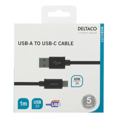Deltaco USBC-1132M USB-kabel 1 m USB 2.0 USB A Sort