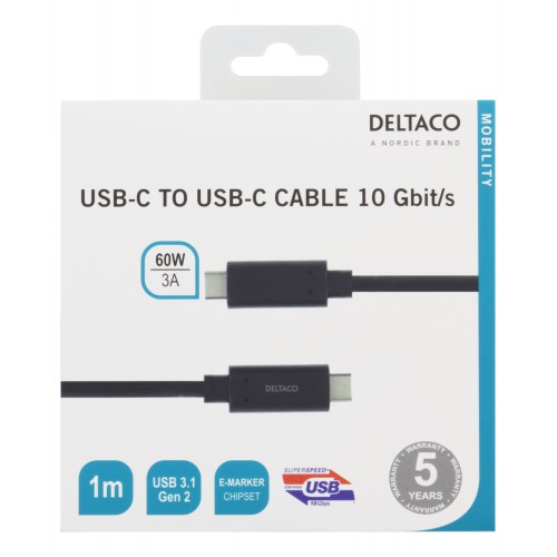 Deltaco USBC-1122M USB-kabel 1 m USB 3.2 Gen 2 (3.1 Gen 2) Hvit