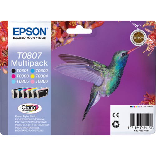 Epson Hummingbird T0807 blekkpatron 1 stykker Original Sort, Cyan, Lys cyan, Lys fiolblå, Fiolblå, Gult