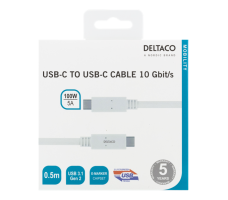 Deltaco USB-C til USB-C, 50cm, 100W, 10Gbit/s, hvit